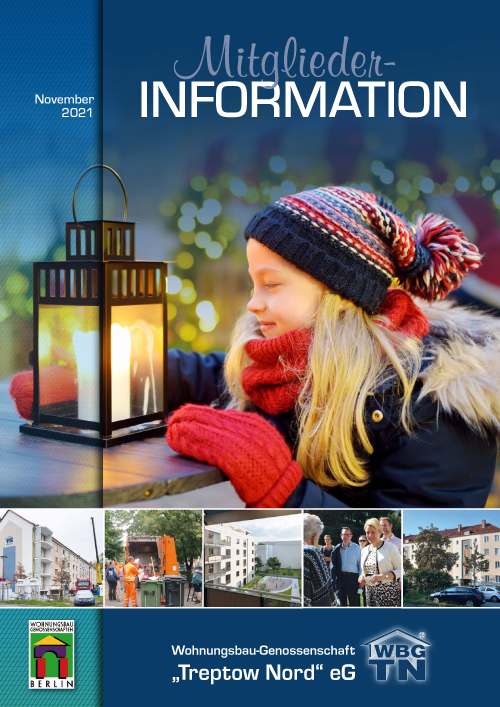 Titel der Mitglieder-Information der WBG "Treptow Nord" eG, Ausgabe November 2021: Mädchen schaut in eine Kerzenlampe